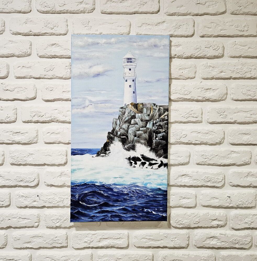 картина з маяком, маяк на морі картина, маяк картина купити, море та маяк, морський пейзаж, вертикальний пейзаж, вертикальне море картина купити на подарунок