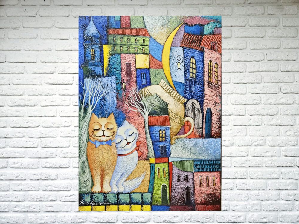 картина з котами, коти картина купити Київ, кумедні коти картина, закохані картина, подарунок закоханим, подарунок парі подружжю, міський пейзаж картина, місто картиа, сюрреалістичне місто, сюрреалістичні коти