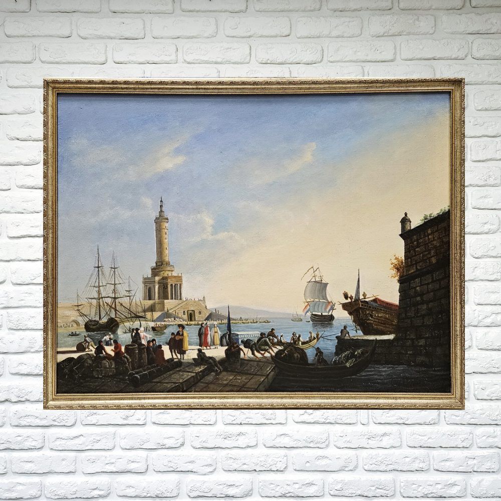 морський пейзаж , море картина, маяк картина, купити картину з морем , картина з портом, місто біля моря картина, велика картина у рамі, картина з маяком
