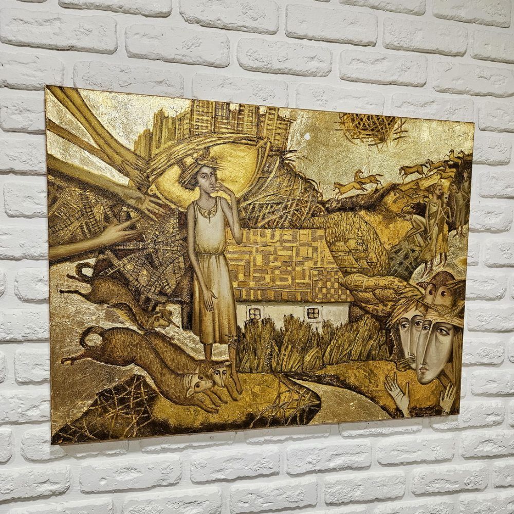 жанрова картина, український пейзаж , українське село картина, картина на золоті, український фольклор