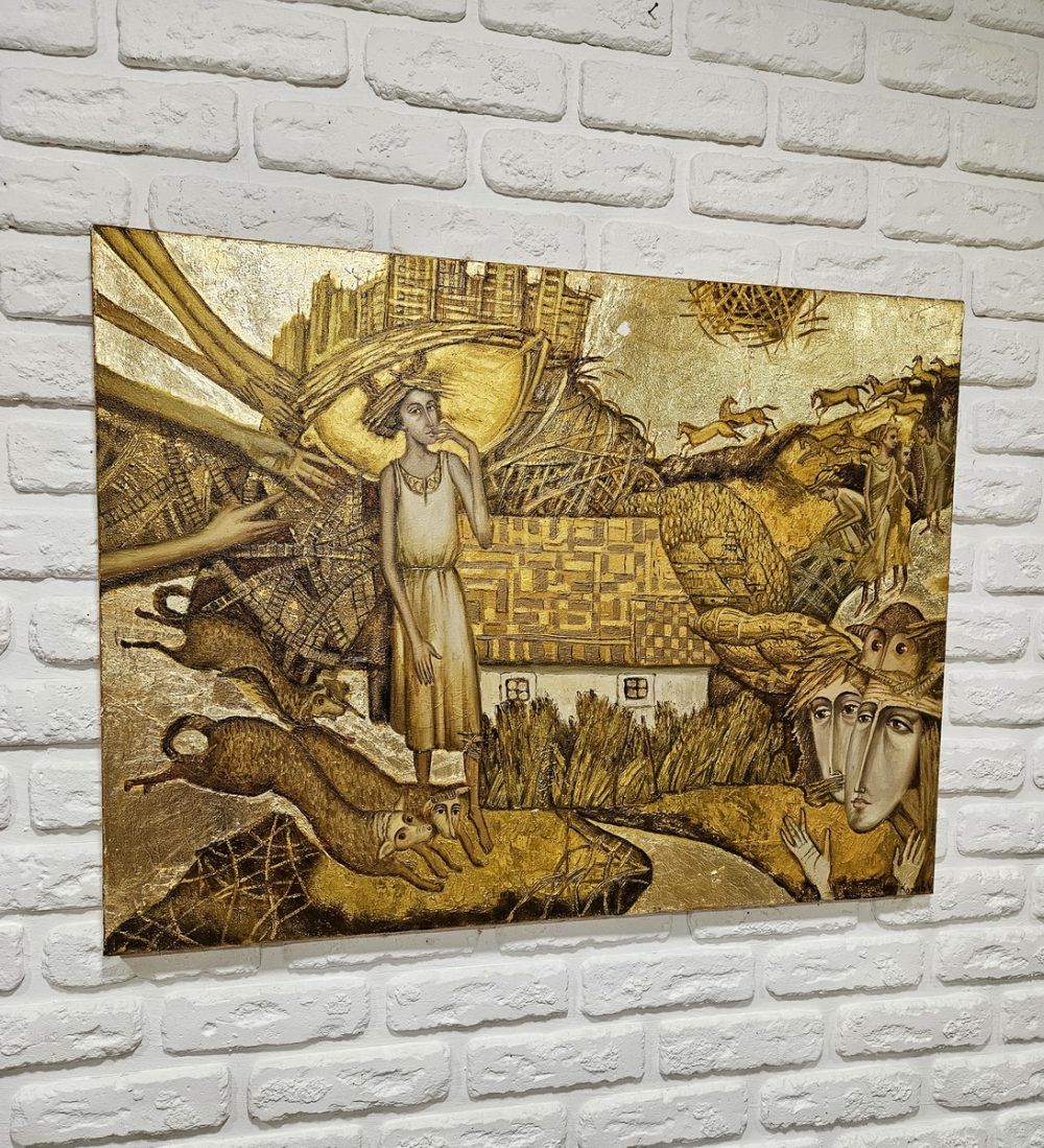 жанрова картина, український пейзаж , українське село картина, картина на золоті, український фольклор