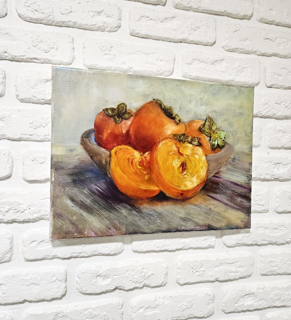 картина на кухню, натюромрт з фруктами, фрнукти картина купити Київ, маленький натюромрт, невеликий натюрморт, хурма картина