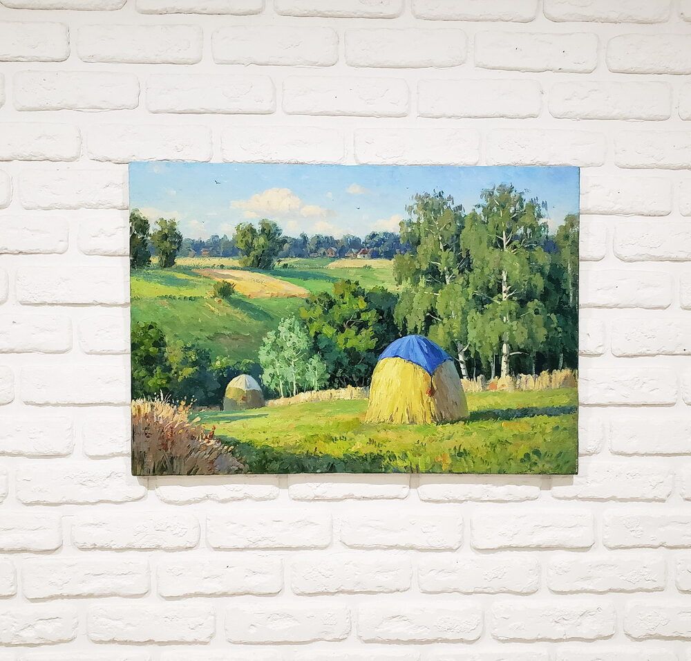 український пейзаж картина, українське село картина, поле з копицею картина купити на подарунок, українські лани картина