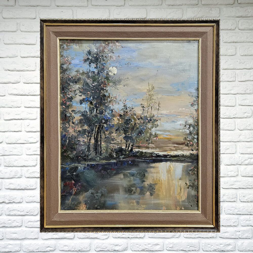 пейзаж картина, нічний пейзаж картина купити Київ, річка картина, озерео картина, пейзаж з рікою, пейзаж з озером, темний пейзаж