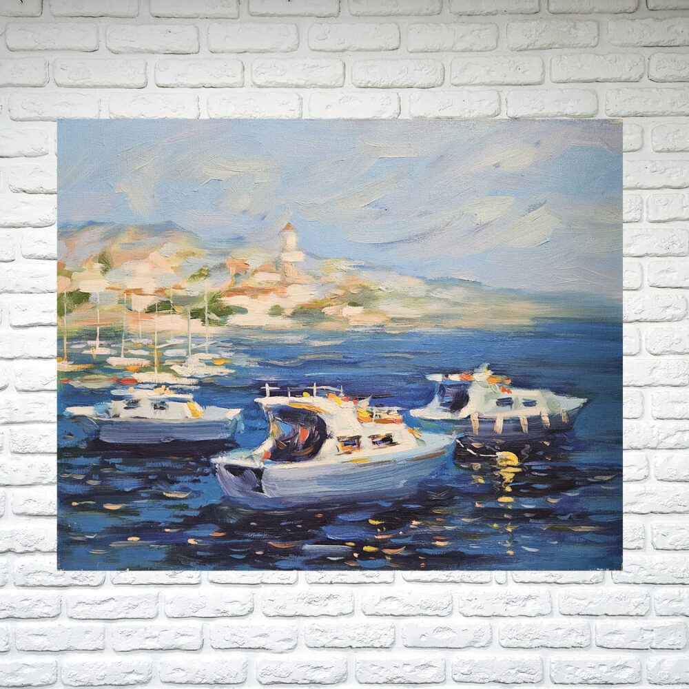 морський пейзаж купити Київ, маленьке море на подарунок, картина на поларунок, корабель картина, море картина, картина з морем, картина з кораблем, греція картина, види Греції картини, картина з яхтами, яхта картина