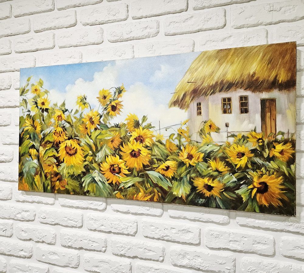 українське село картина, українська хата картина, подарунок іноземцю, український пейзаж картина купити Київ, соняхи картина велика картина з соняхами, велика картина пейзаж