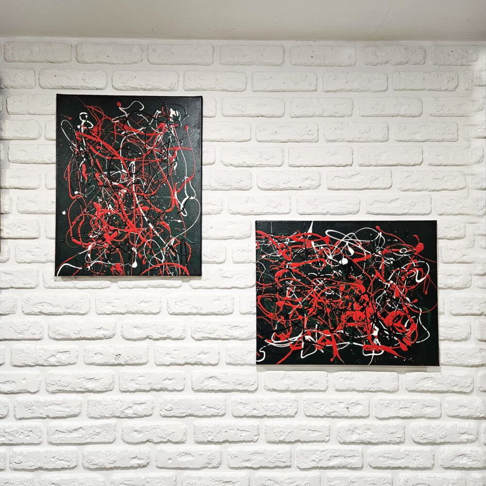 дві абстракції купити Київ, яскраві абстракції картини купити на подарунок, абстрактний живопис, диптих абстракція червона зелена поллок картини