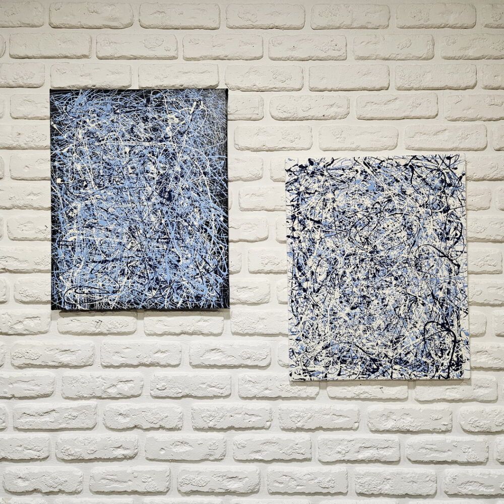 дві абстракції купити Київ, яскраві абстракції картини купити на подарунок, абстрактний живопис, диптих абстракція синя біла, поллок картини