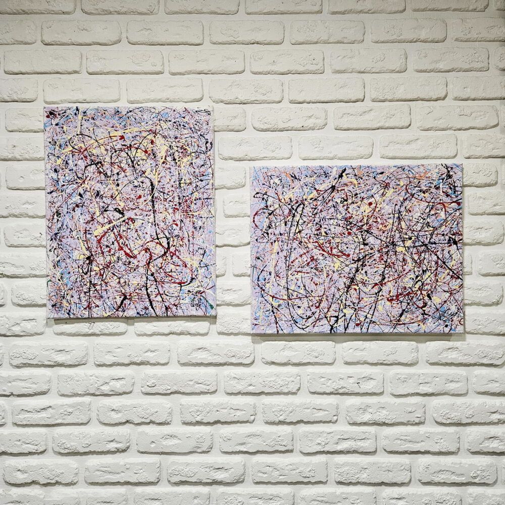 дві абстракції купити Київ, яскраві абстракції картини купити на подарунок, абстрактний живопис, диптих абстракція синя біла рожева, поллок картини