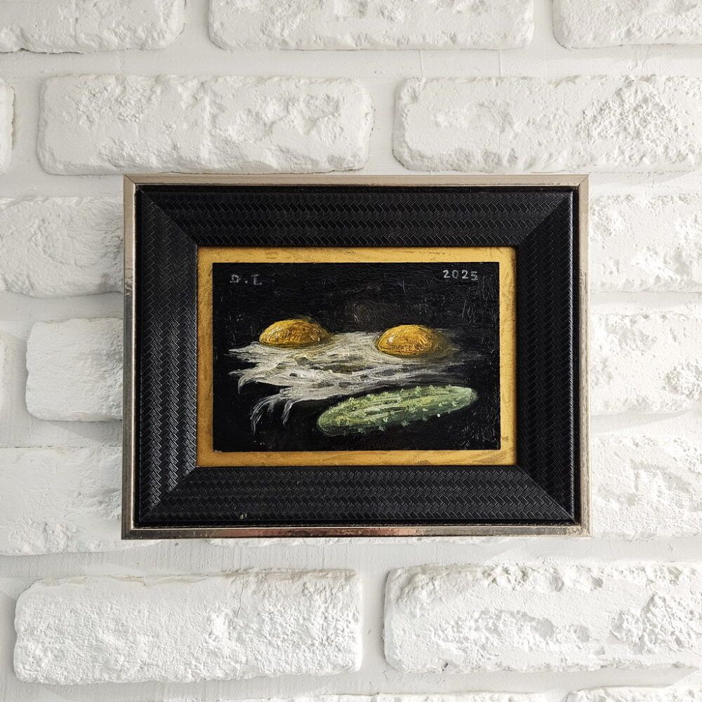 мініатюра картина на кухню, картина відомого художника Литовка Дмитро, яєшня картина з яйцями, яйця картина маленька у рамі