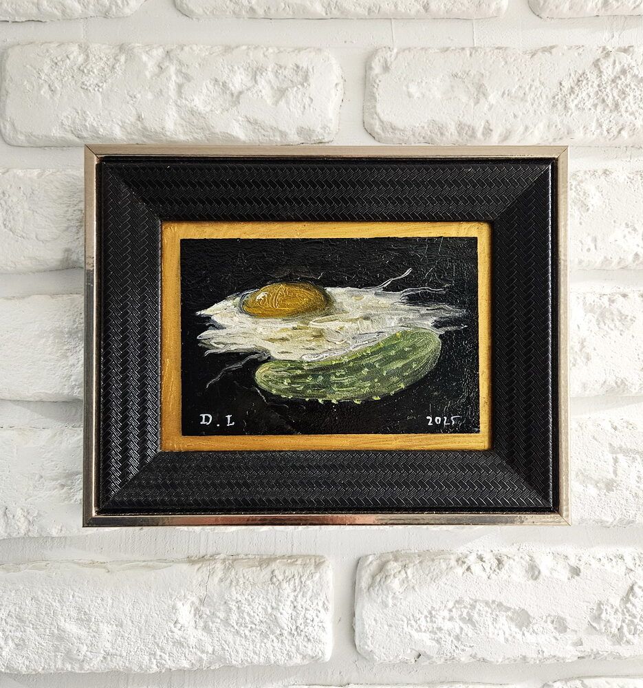 мініатюра картина на кухню, картина відомого художника Литовка Дмитро, яєшня картина з яйцями, яйця картина маленька у рамі
