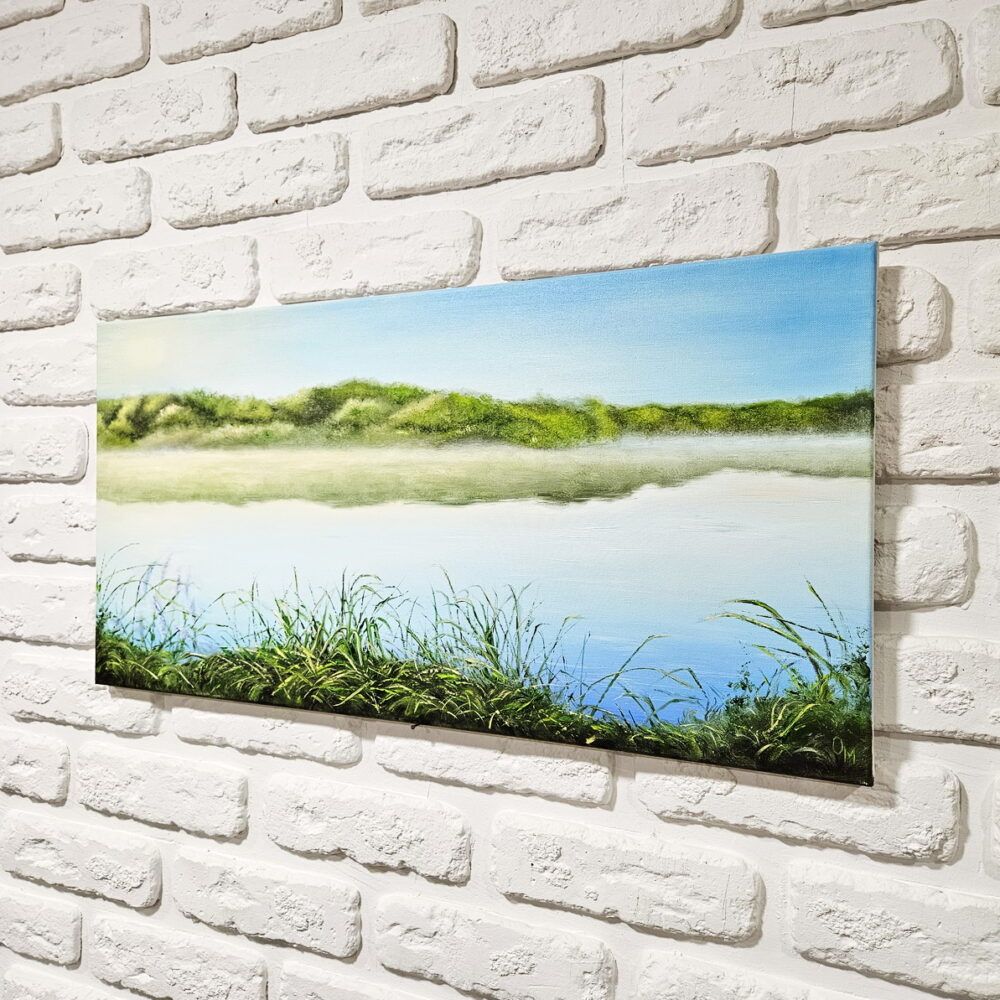 пейзаж з озером, пейзаж з рікою, ріка картина купити Київ, озеро картина на подарунок, панорамна картина у вітальню, подарунок рибалці, подарок рыбаку. маленький пейзаж картина