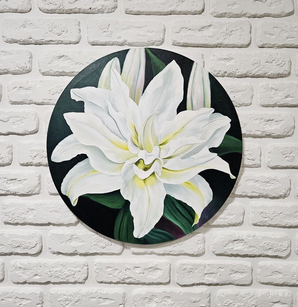 кругла картина купити Київ, подарунок жінці картина, біла лілія картина купити картину, білі квіти картина, лілії картина, лілія картина