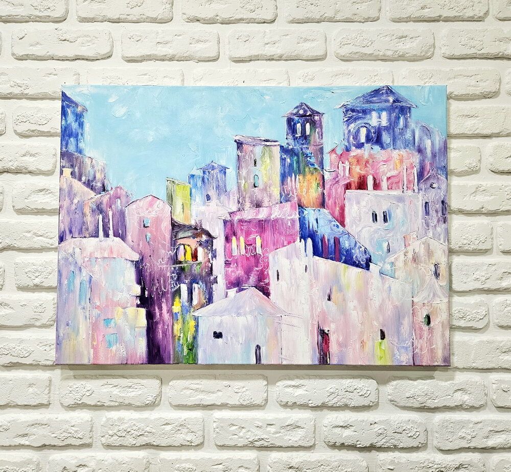 абстрактний город картина купити Київ, місто картина купити на подарунок, свтла картина з містом, світла абстракція, сучасний город картина