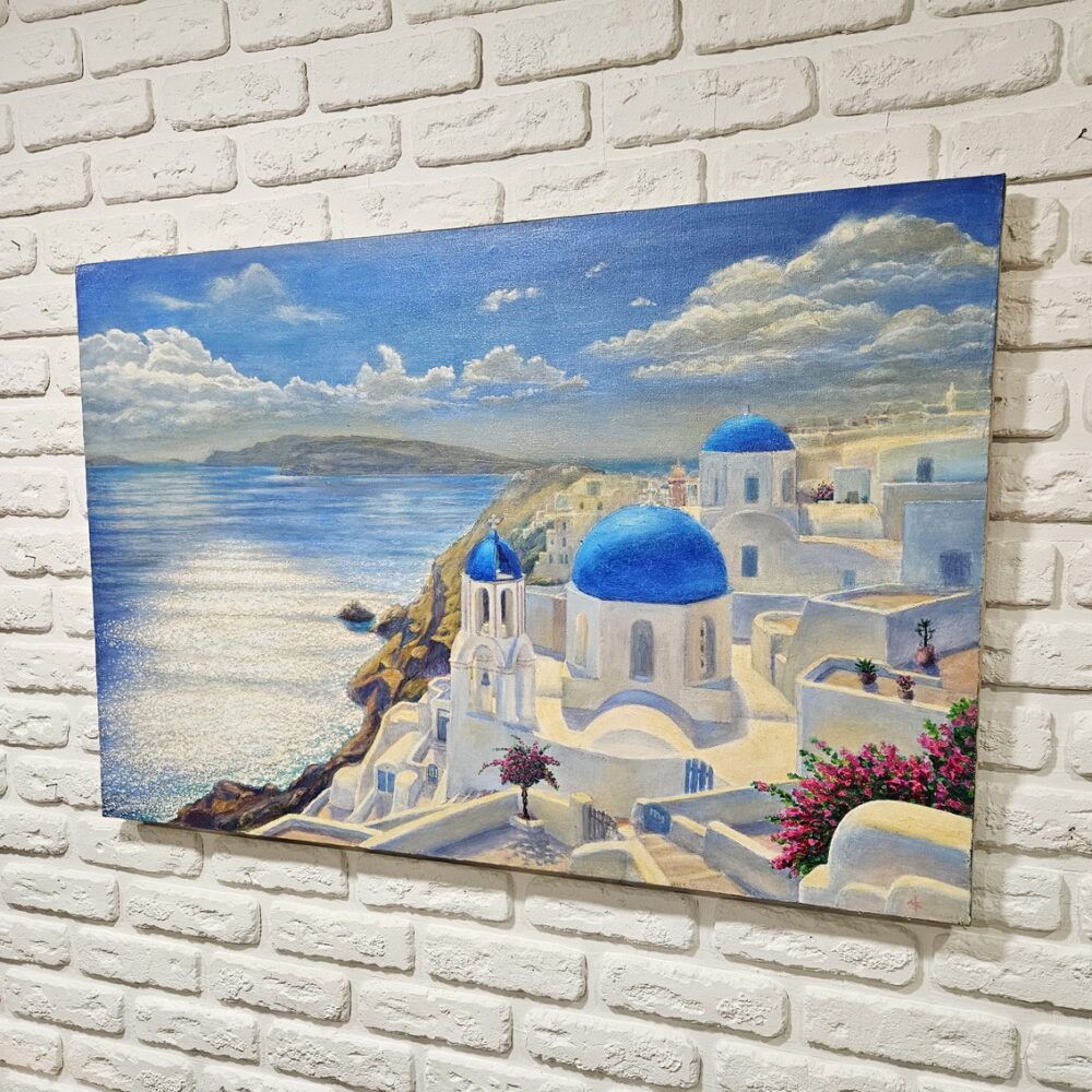 Санторіні картина, великий міський пейзаж, біле місто картина, морский пейзаж, морське місто, картина купити Укиаїна