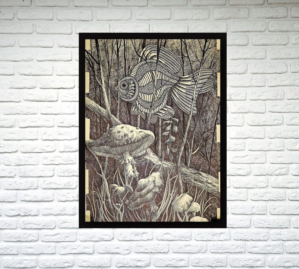 сюреалізм графіка картина, сюрреалістична графіка велика картина купити Київ, гриби картина, мухомори картина, ексклюзивний поадрунок керівнику