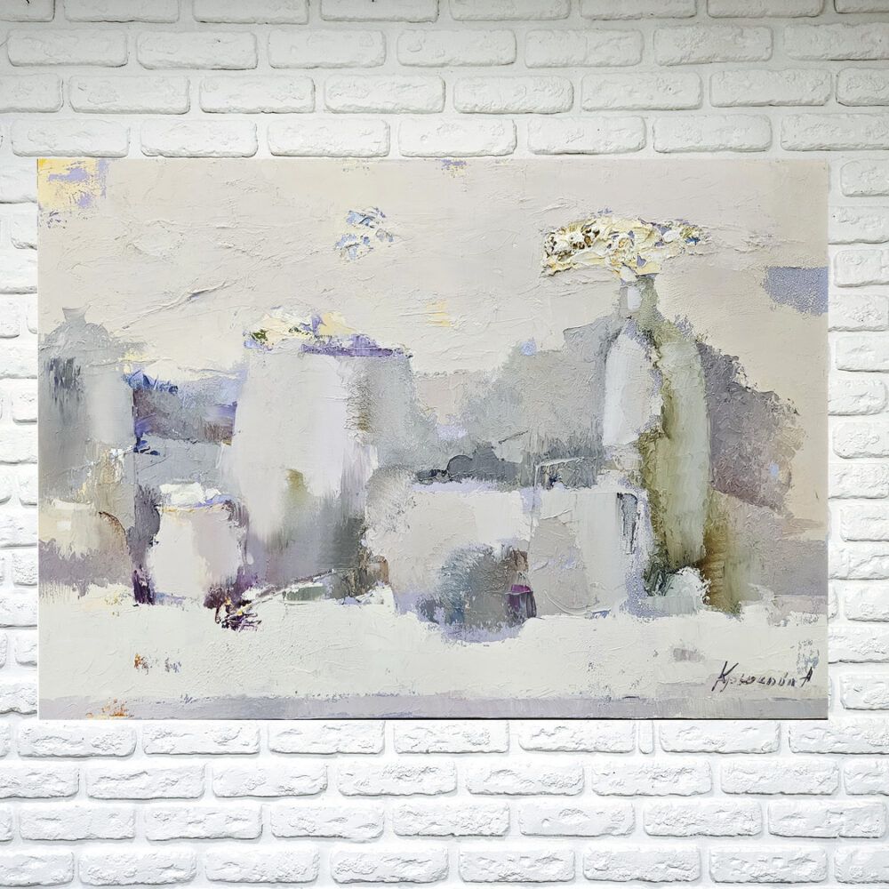 абстрактний натюрморт картина купити Київ, біла абстракція на кухню, світла абстракція, модерн картина, сучасний натюрморт