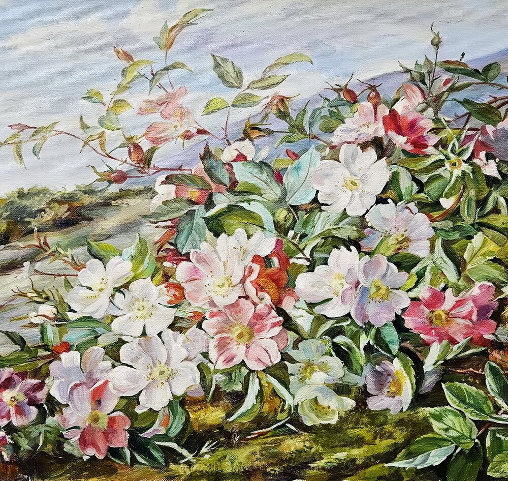 картина з квітами купити Київ, пейзад з квітами, шипшина квіти картина купити на подарунок жінці. Романтичний пейзаж купити картини Україна. Відомий художник Шевченко