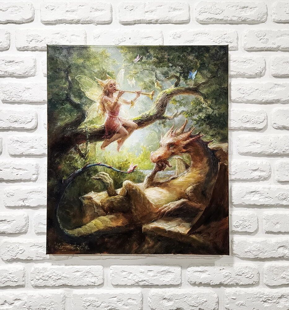 казкова картина, фея картина, дракон картина, фея та дракон картина, купити картину фентезі, сказковий сюжет картина купити Київ, картина на подарунок жінці дівчині