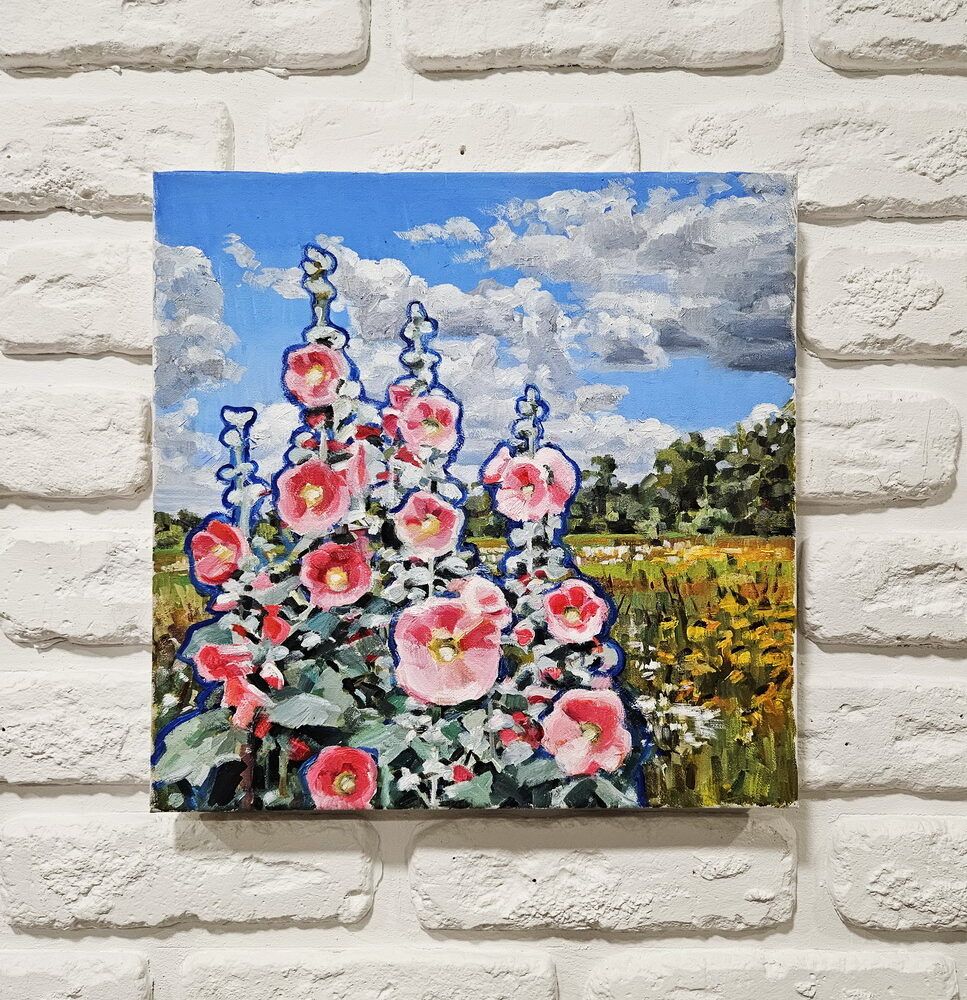 картина з мальвами, мальви картина купити, маленька картина український сюжет, подарунок іноземцю, невелика картина з квітами, український краєвид картина купити Київ