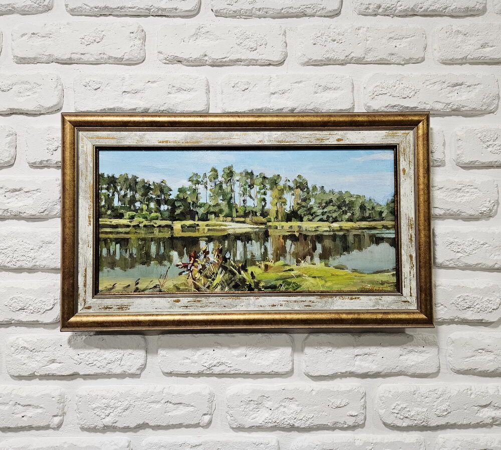 картина з озером, озеро картина у рамі, невелика картина х природою, природа у рамі картина купити Київ, картина на подарунок, пейзаж картина, пейзаж з озером