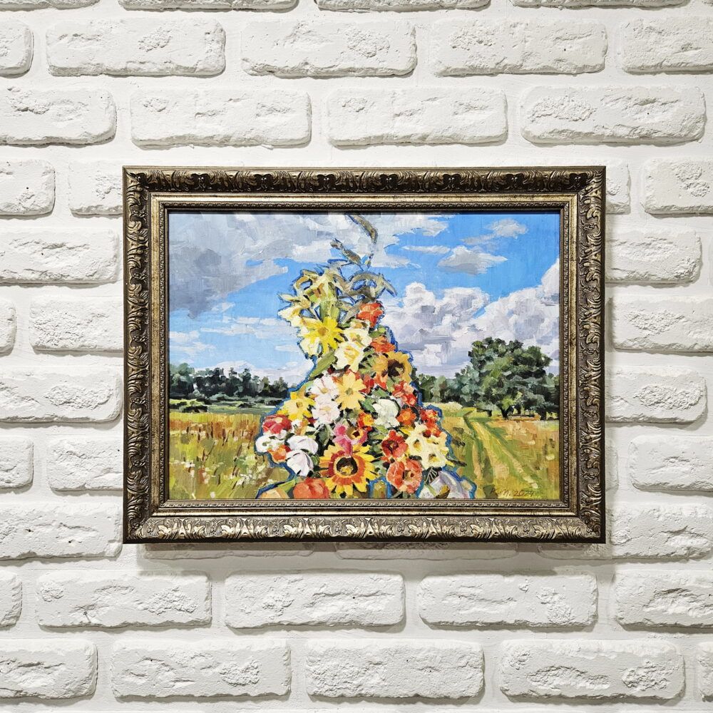 картина з мальвами, мальви картина купити, маленька картина український сюжет, подарунок іноземцю, невелика картина з квітами, український краєвид картина купити Київ. Польові квіти картина, пейзаж з польовими квітами, букет польових квітів