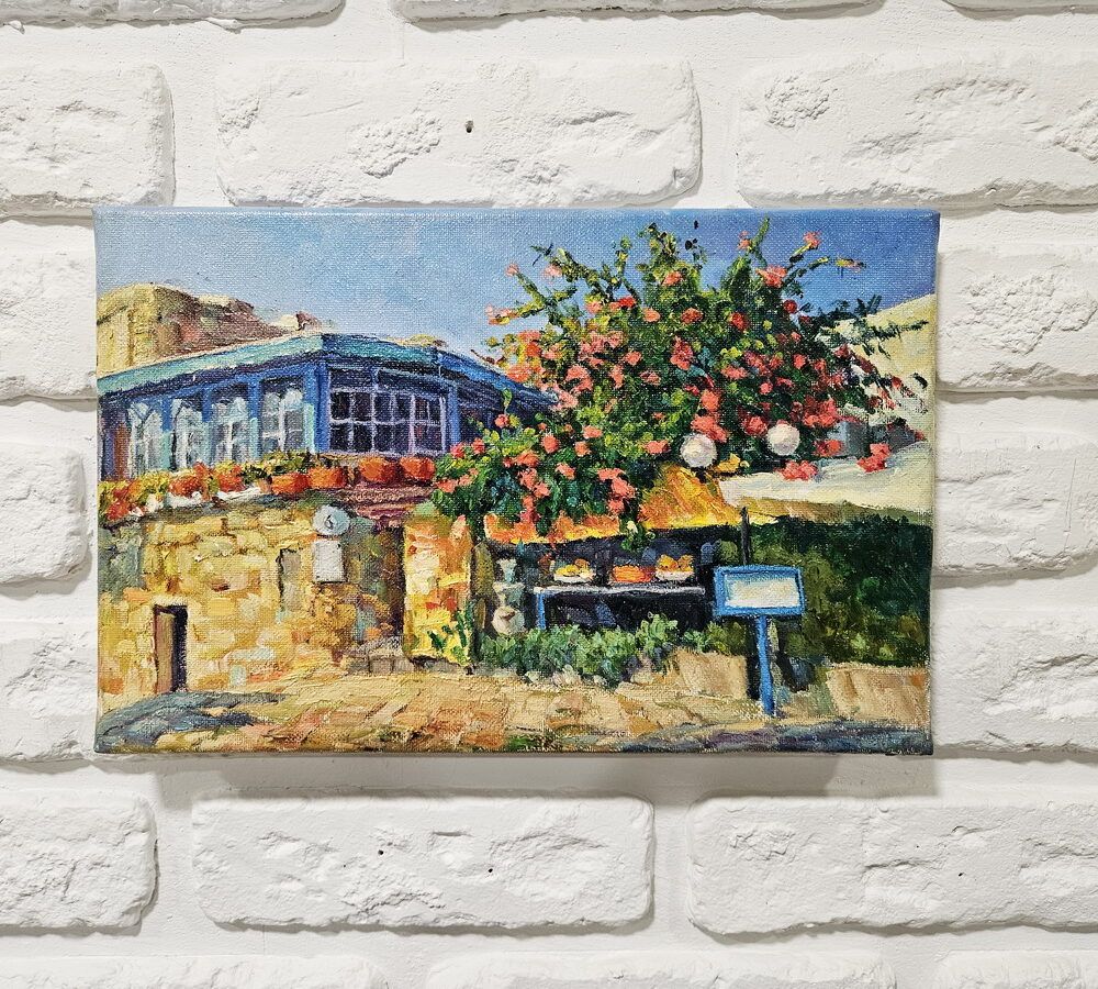 місто біля моря картина, кримський пейзаж картина купити Київ, мініатюра з міським пейзажем, міський пейзаж картина на подарунок