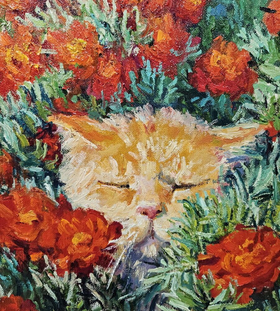 картина з котом, рудий кіт картина купити Київ, коти картини купити на подарунок, картина з гумором, коти картина на подарунок, чорнобривці картина