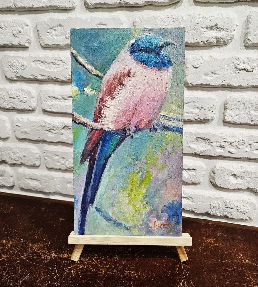 картина з птахом, папуга картина,мініатюра птах картина на подарунок, картини купити Київ на подарунок, мінатюра птахи