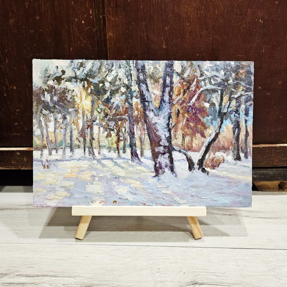 зима карти на купити Київ, мініатюра зима, мініатюра зимовий пейзаж картина купити Київ, сніжна зима картина, зимовий ліс картина, маленька зима картина на подарунок