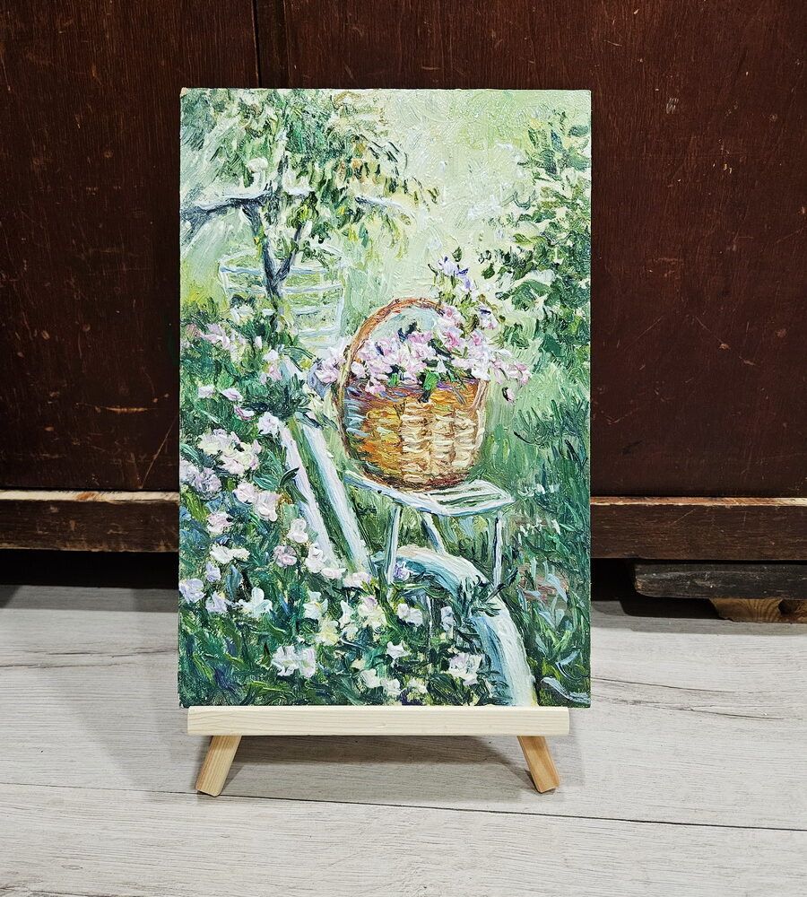 кошик квітів картина купити Київ, картина з квітами, картина на подарунок, мініатюра квіти, маленька картина з квітами,