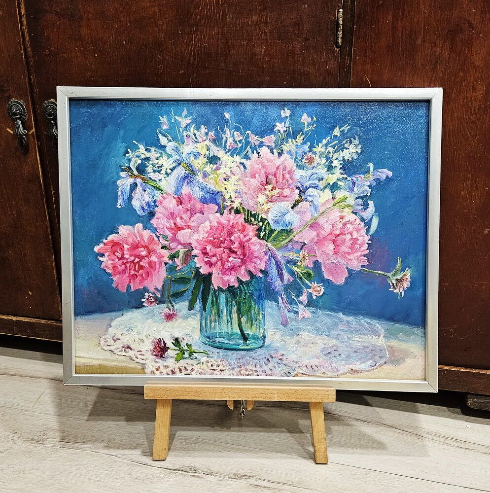 картина з квітами, букет польових квітів, натюрморт з квітами картина купити Київ, півонії картина, букет півоній