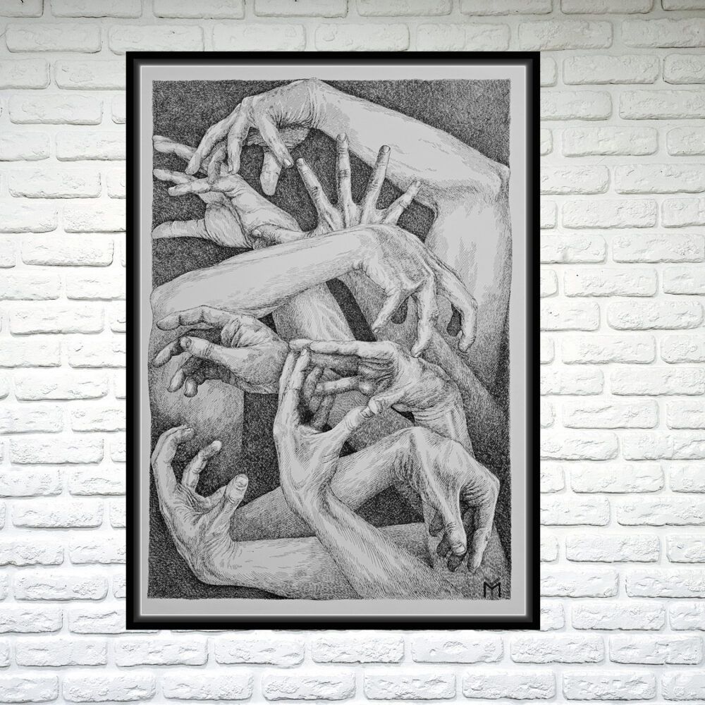 антична графіка картина купити Київ, віп подарунок керівнику, велика графіка купити картину Україна. сюрреалізм графіка, сюрреалізм картинра, руки картина