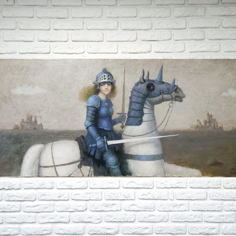 вершниця картина купити на подарунок, вип подарунок купити, сюрреалізм картина, жінка вверхи на коні, жінка лицар картина