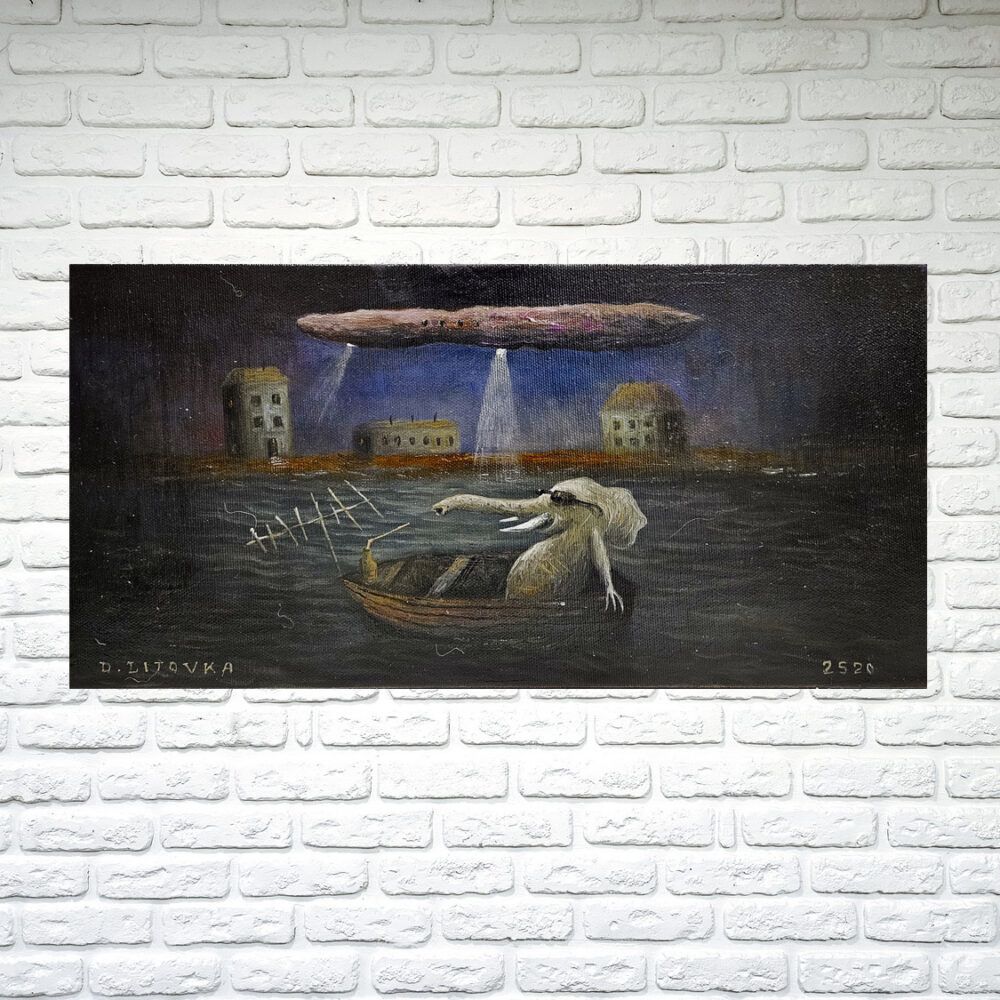 сюрреалізм картина купити Київ, дивні картини купити Україна, слон картина, метеоріт картина, сюрреалістичний пейзаж картина, пейзаж сюрреалізм мініатюра картина маленька картина на подарунок