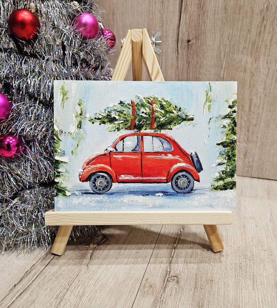 мініатюра з новим роком, червона машина картина, мініатюри картини купити Київ, картина на подарунок, мініатюри на подарунок