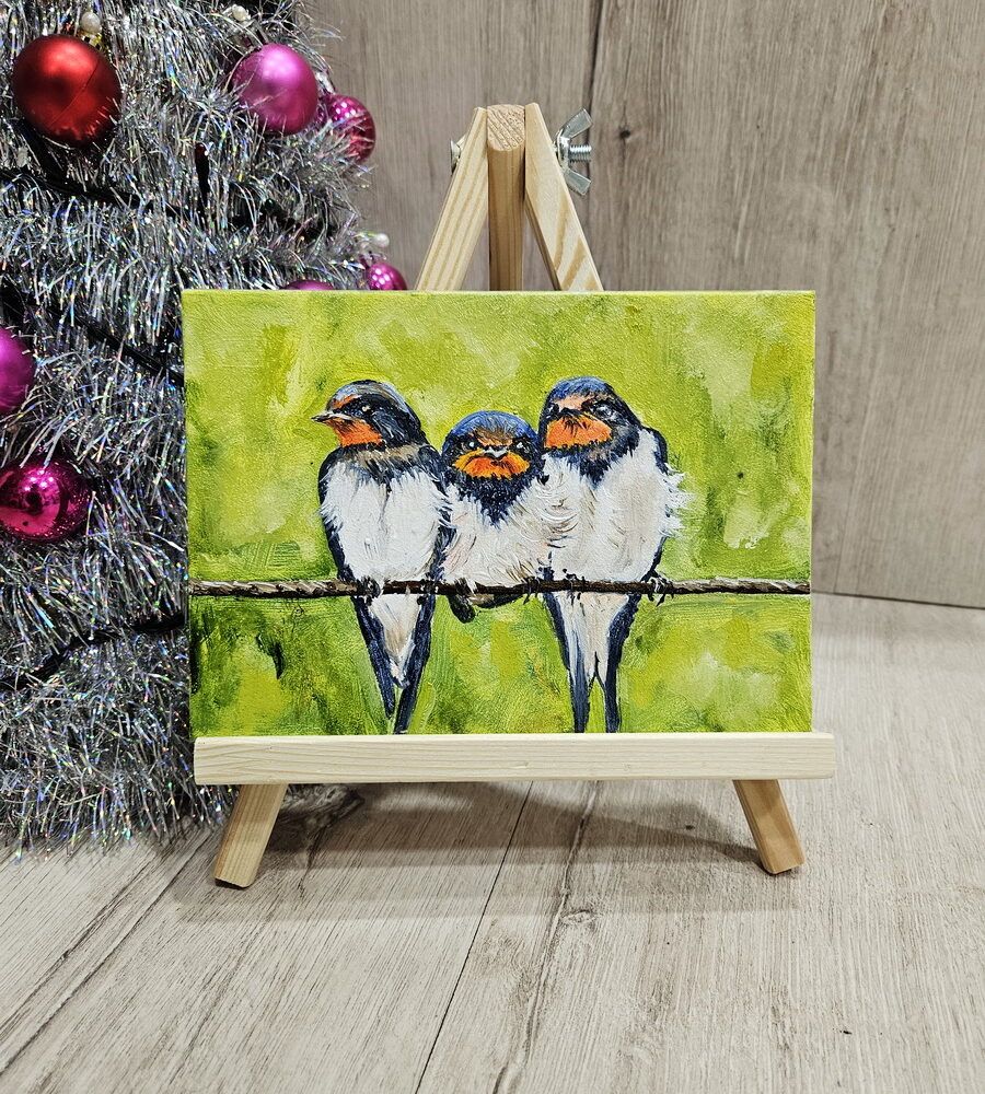 мініатюра купити Київ, картина на подарунок, мініатюри картини купити Україна, пташки картина, птахи на гілці, три птаха картина