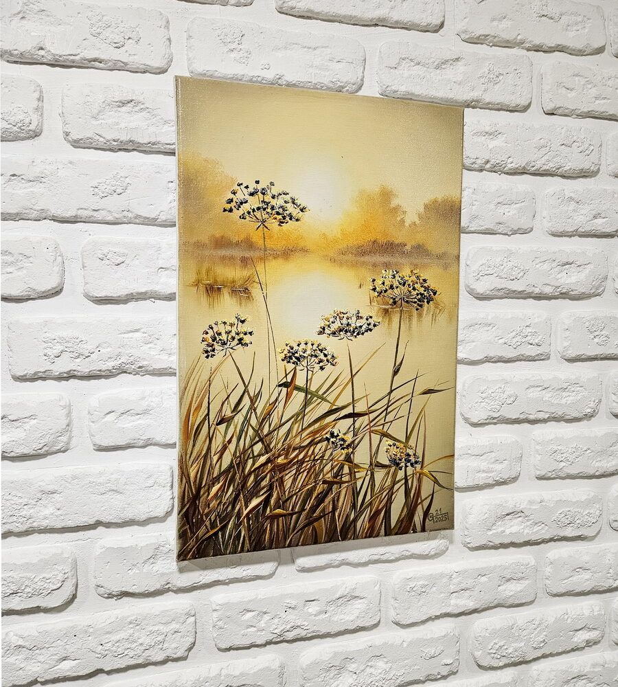 романтичний пейзаж купити Київ, світанок купити Україна, світанок на річці, вітає на озері, озеро картина купити, річка картина купити, польові трави, польові квіти картина