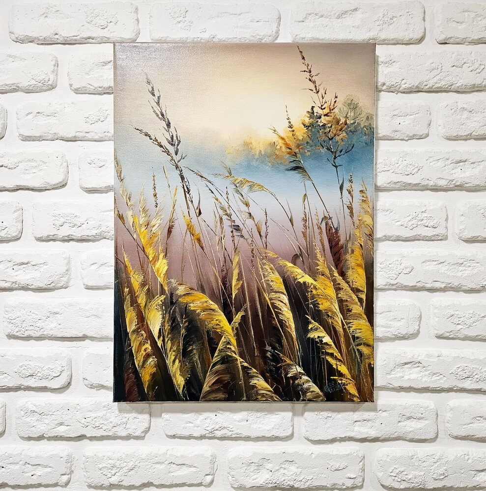 романтичний пейзаж купити Київ, світанок купити Україна, світанок на річці, вітає на озері, озеро картина купити, річка картина купити, польові трави, польові квіти картина