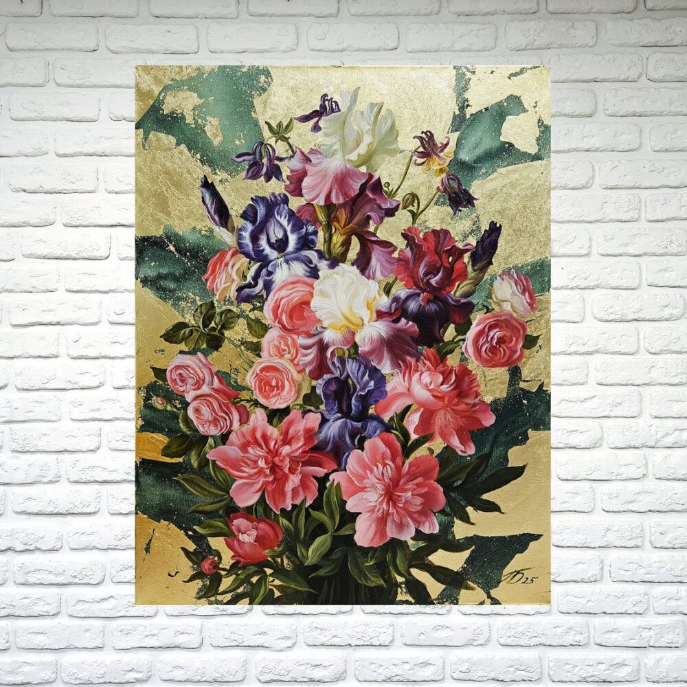 іриси картина, букет ірисів картина купити Київ, троянди картина, рожеві троянди картина купити Україна, гіперреалізм картини, екслюзивний подарунок, віп подарунок купити Київ, реалістиний натюрморт картина, натюрморт з квітами, відомий художник Україна