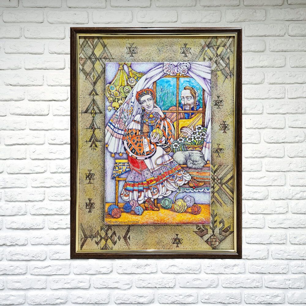 Український фольклор картина, українські традіції картина, бабуся картина, графіка картина купити Київ, український сюжет картина купити На подарунок Україна, унікальний подарунок іноземцю, закохані картина