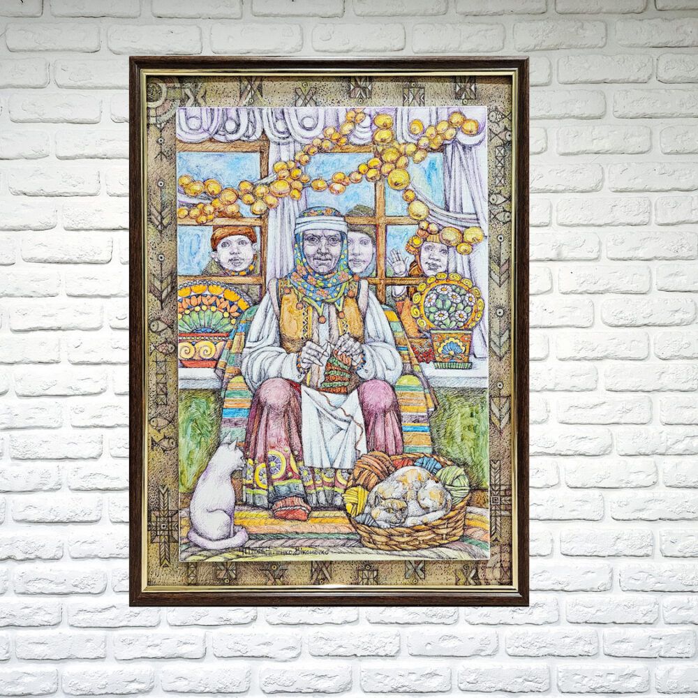 Український фольклор картина, українські традіції картина, бабуся картина, графіка картина купити Київ, український сюжет картина купити На подарунок Україна, унікальний подарунок іноземцю