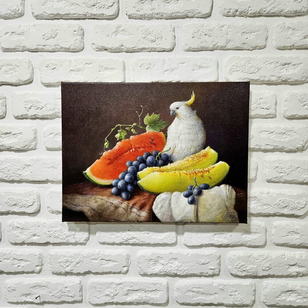 натюрморт з фруктами купити Київ, голландський натюрморт купити Україна, папуга картина купити