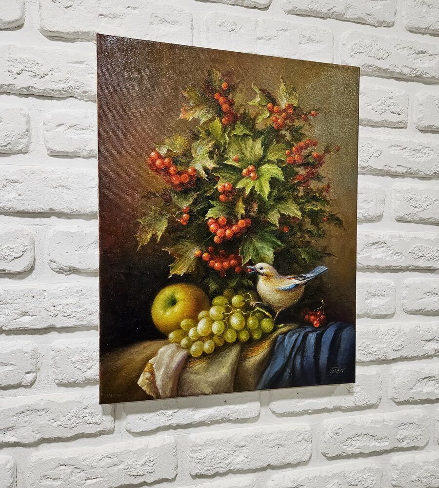 червона калина картина купити Київ, наюрморт з калиною, калина та птах картина з птахом