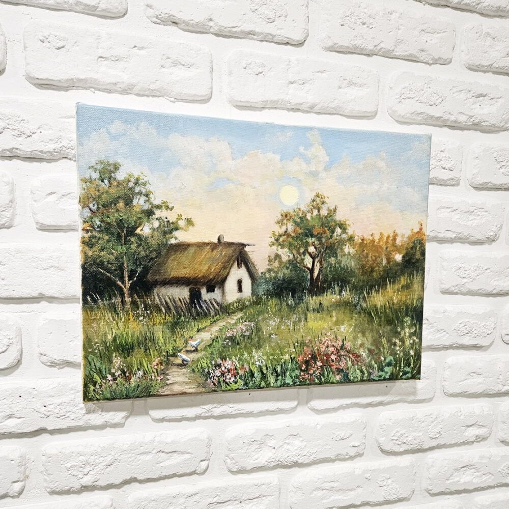 українське село картина, хатинка картина купити Київ, український пейзаж, український краєвид, український фольклор, подарунок іноземцю, кури картина, пейзаж з курями