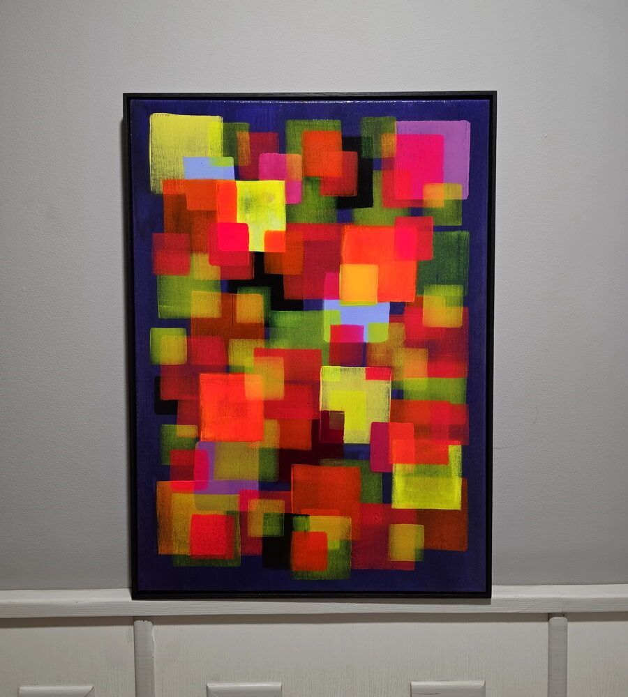 яскрава абстракція купити Київ, червона абстракція, купити абстракції Київ, люмінісцентна картина купити Україна, абстракція квадрати