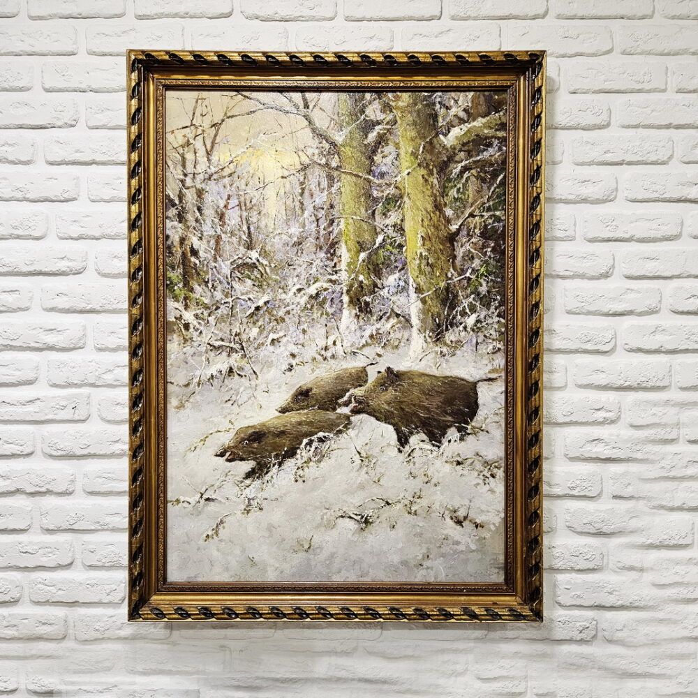 картина з кабанами, подарунок мислівцю, дикі кабани картина купити Київ Україна, дикі тварини картини купити Україна, мисливський пейзаж картина, зимовий пейзаж картина на подарунок чоловіку