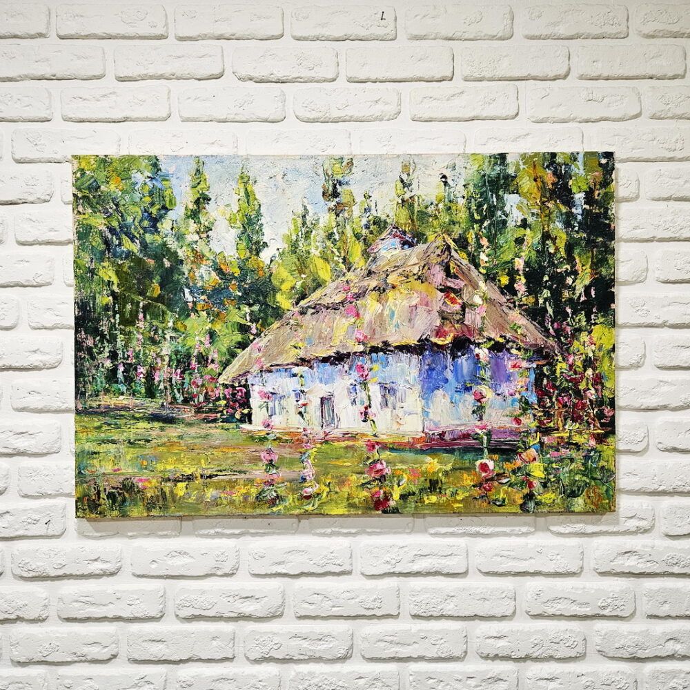 українське село картина купити Київ. український пейзаж картина Україна. великі картини з хатами сільськими. Україська сільська хата картини на подарунок іноземцю
