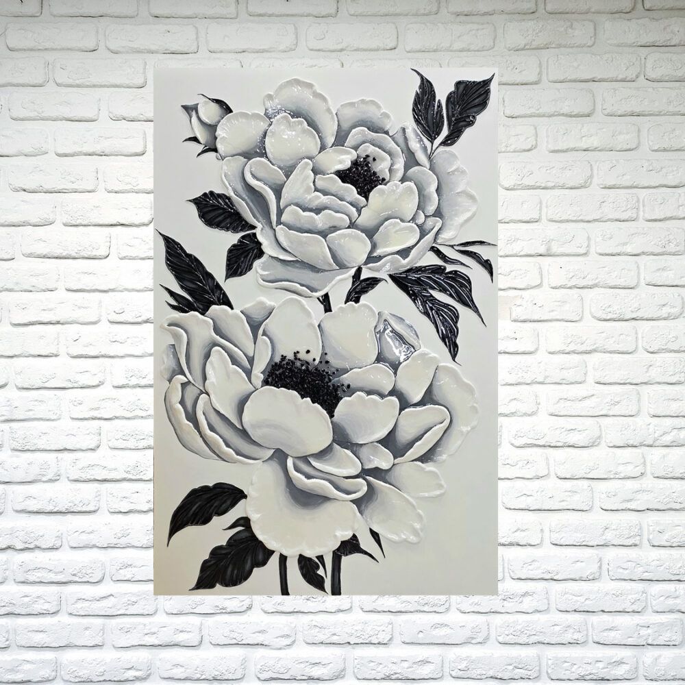 велика картина з квітами, єпоксидна картина купити Київ, картина для лоджії для вани, дуже велика картини квіти, картина 150х100см, сучасна картина, модерн квіти, чорно-білка картина з квітами, купити картини з квітами Україна