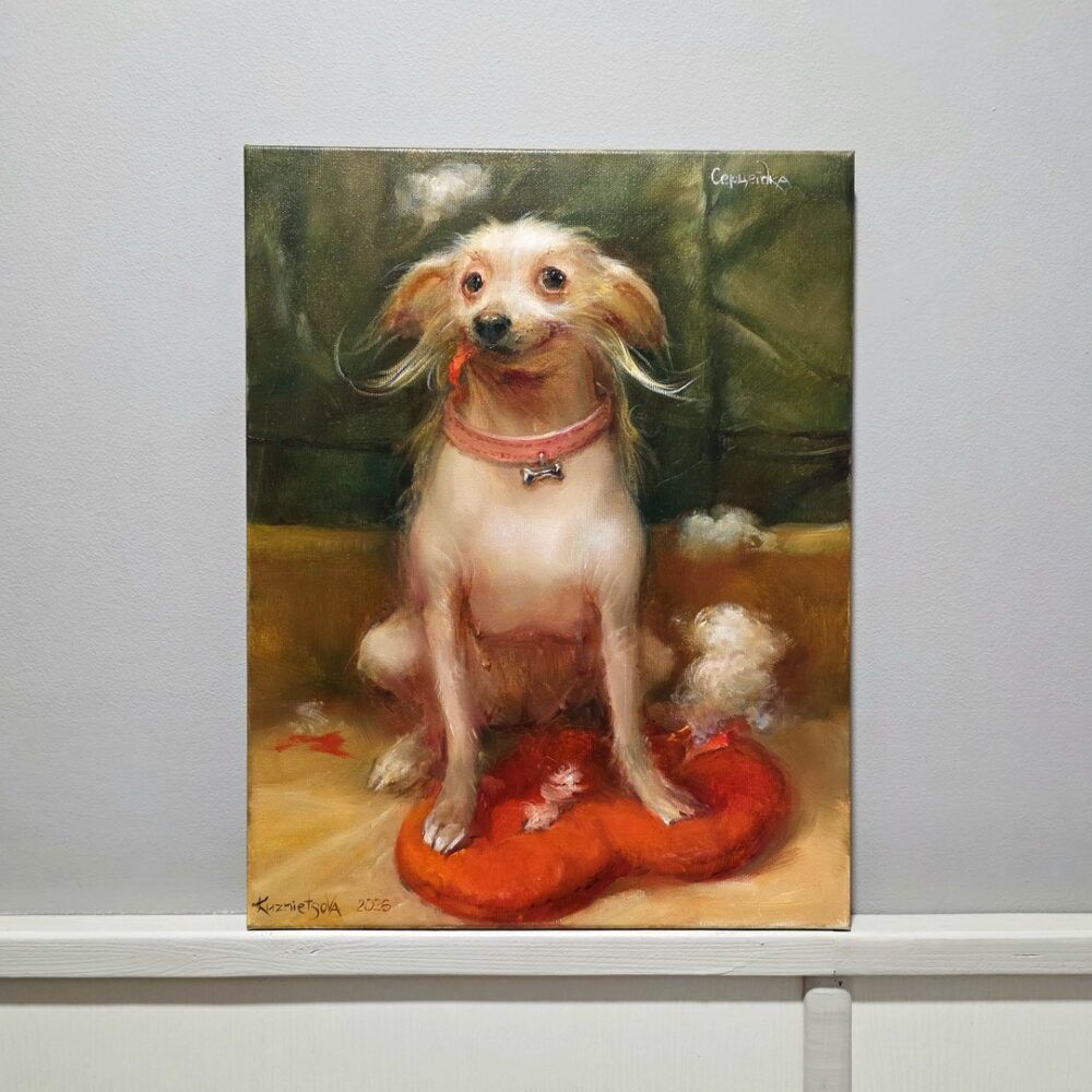 картина з собакою, мила собака, купити картини з собаками Київ, маленький песик картина купити на подарунок коханій